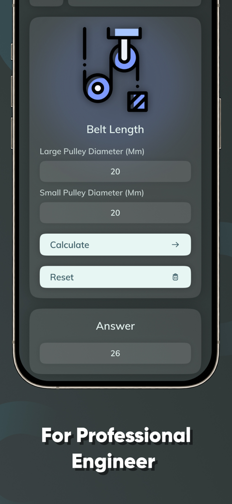 Pulley & Belt calculator - Belt length calculator interface for professional engineers showing input fields for pulley diameters and a calculated result