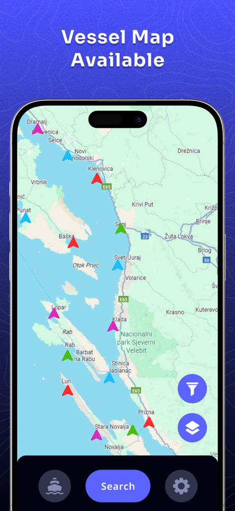 A real-time vessel map in the Ship Traffic AI Marine Track app showing various ships along a coastline.