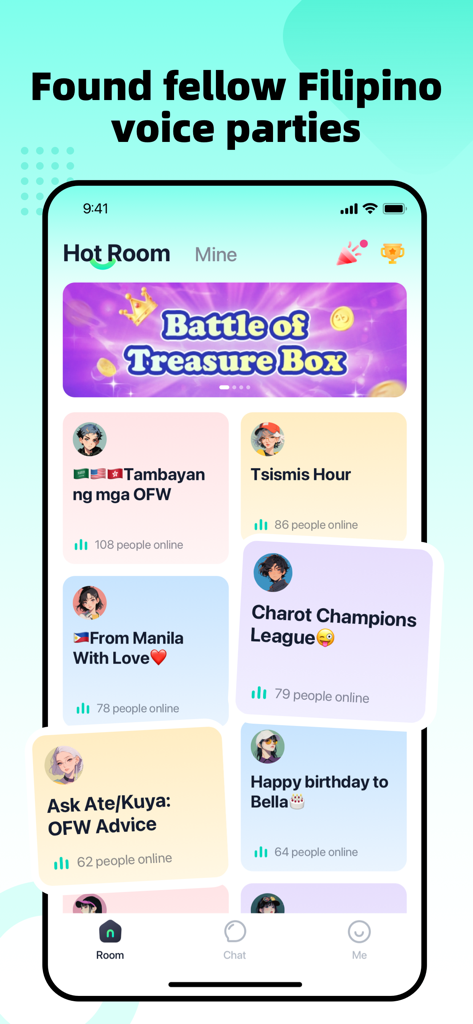 Pusov: Connect Filipinos - Pusov mobile app interface displaying various active Filipino community voice chat rooms like OFW advice and Manila themes.