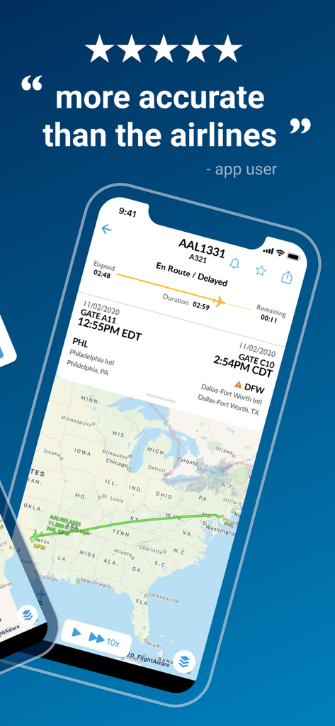 FlightAware Flight Tracker - FlightAware app interface showing a flight tracking map and a five star user review stating it is more accurate than the airlines