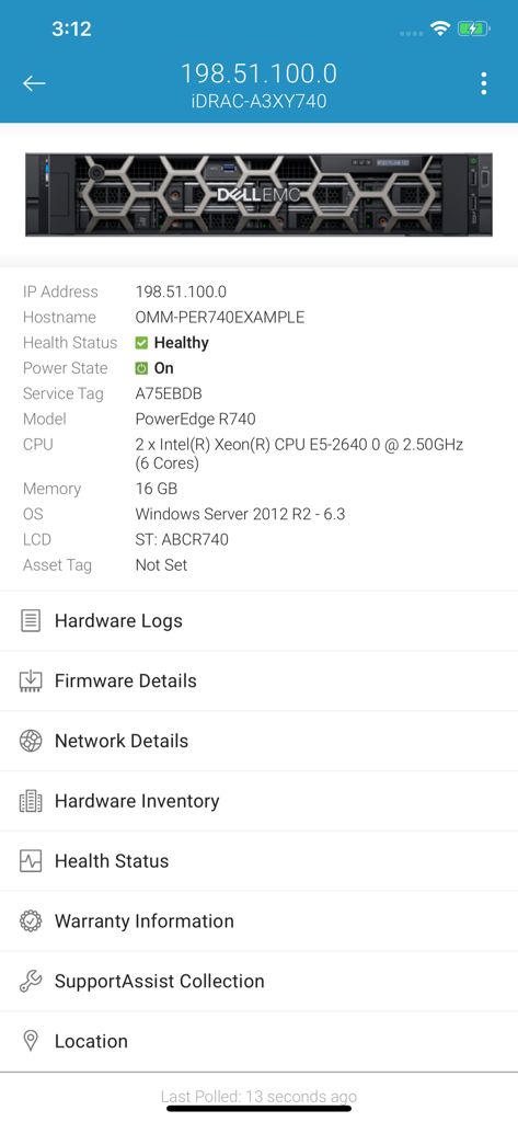 OpenManage Mobile - Dell OpenManage Mobile interface showing PowerEdge R740 server health and inventory