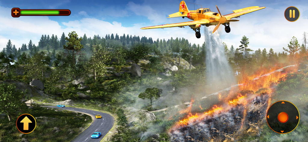 911 Emergency Fire Truck Team - Yellow firefighting airplane dropping water onto a forest fire in a simulation game