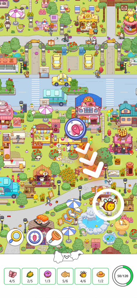 A busy hand-drawn town scene in Cat Trip where players search for hidden items.