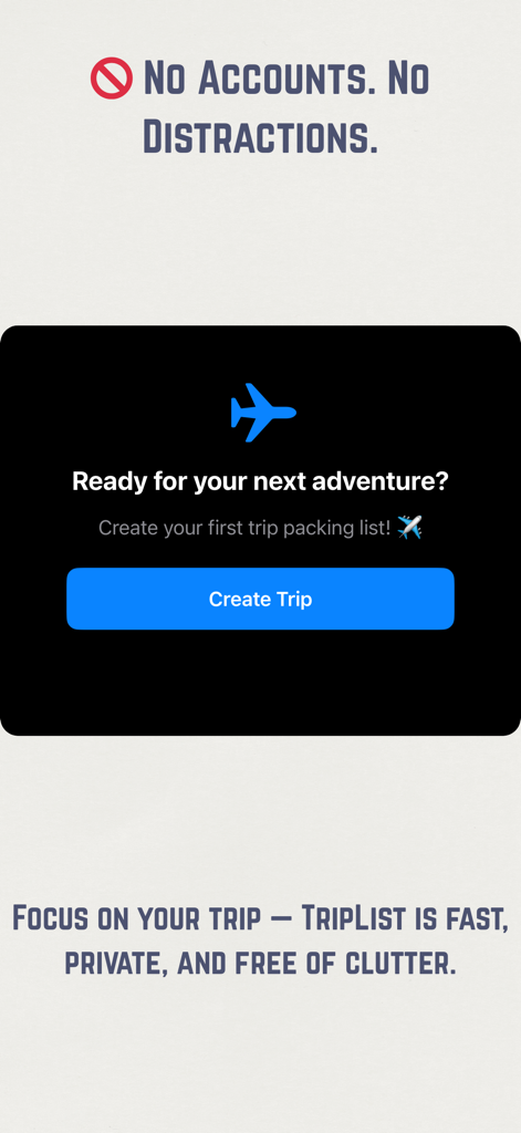 TripList: Smart Packing List - TripList app screen highlighting privacy with no accounts required and a button to create a new packing list