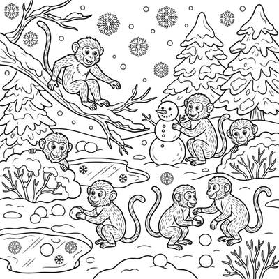 Bring the joy of winter to life with this delightful coloring page featuring playful macaques. Kids will love coloring these curious monkeys as they enjoy a snowy wonderland filled with snowmen and snowflakes.