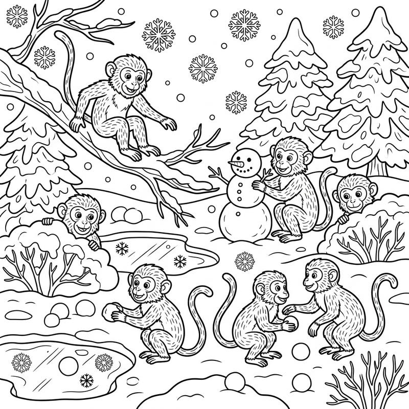 Bring the joy of winter to life with this delightful coloring page featuring playful macaques. Kids will love coloring these curious monkeys as they enjoy a snowy wonderland filled with snowmen and snowflakes.