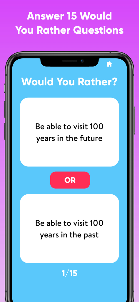 友達を知るクイズアプリで、タイムトラベルに関する「どちらを選ぶ？」質問が表示されたスマホ画面