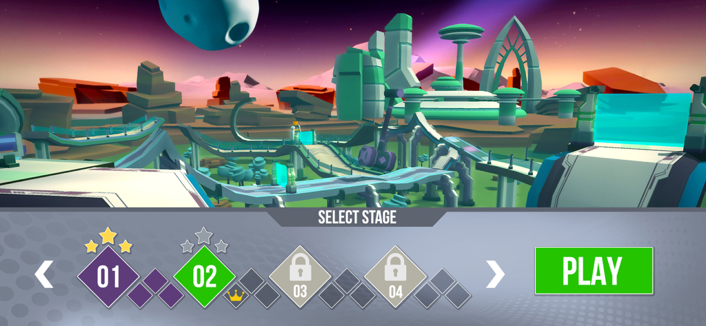 Gravity Rider Zero - Schermata di selezione del livello di Gravity Rider Zero che mostra una città fantascientifica futuristica e icone di progressione del livello