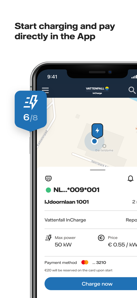 Vattenfall InCharge - Pantalla de smartphone que muestra la interfaz de la aplicación Vattenfall InCharge con detalles de la estación de carga de vehículos eléctricos, mapa de ubicación, precios y un botón de carga ahora.