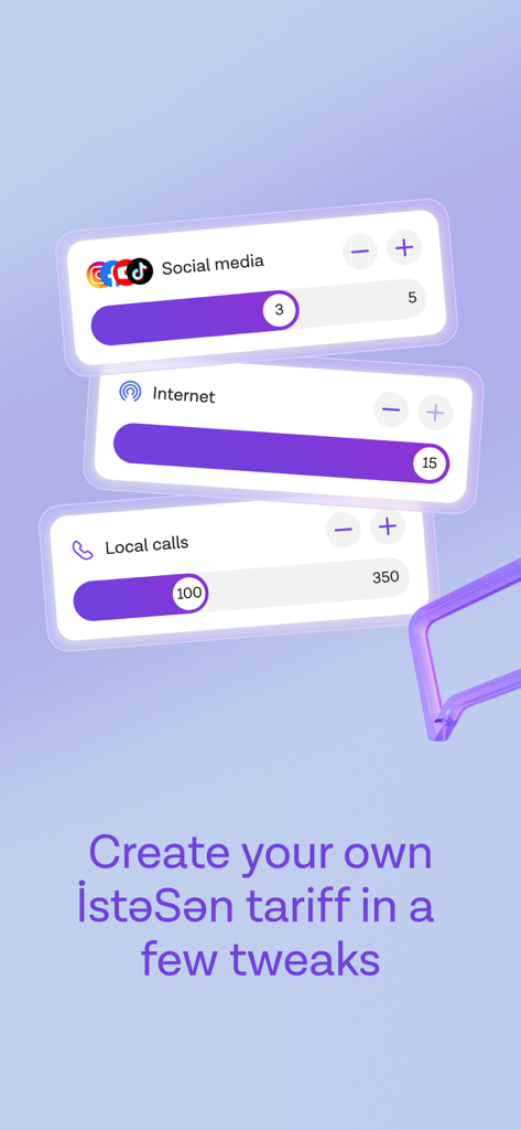 Azercell - Azercell app interface for creating a custom mobile tariff with sliders for social media and internet.