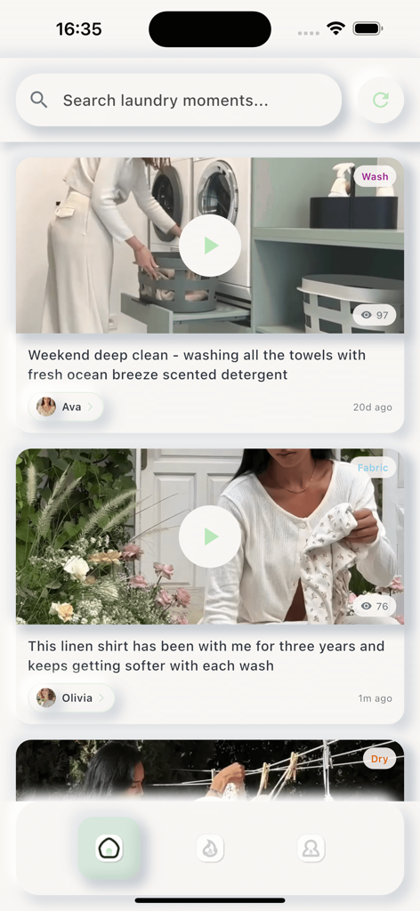Lania - The Lania app interface showing a feed of laundry moments where users share videos and stories about their cleaning rituals.