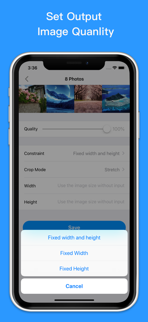 Image Size - Resize Image - 出力画像の品質を設定し、固定幅または高さなどのリサイズ制約を選択するためのモバイルインターフェース。