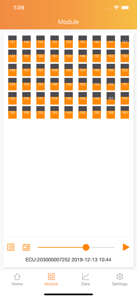 Una vista de cuadrícula en la App EMA que muestra la producción individual de los módulos de paneles solares