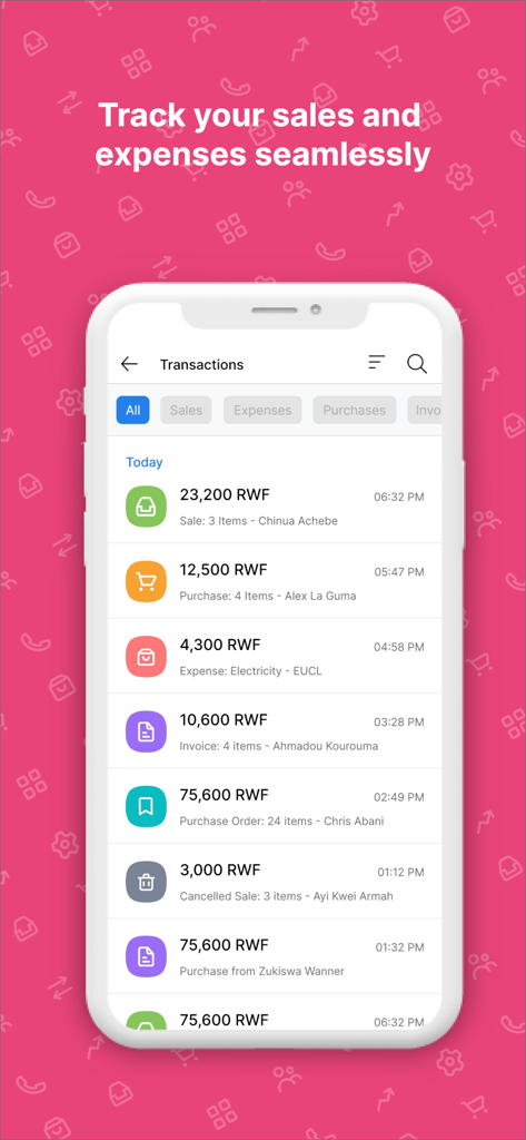 Kayko app interface showing a list of sales and expenses transactions on a mobile device.