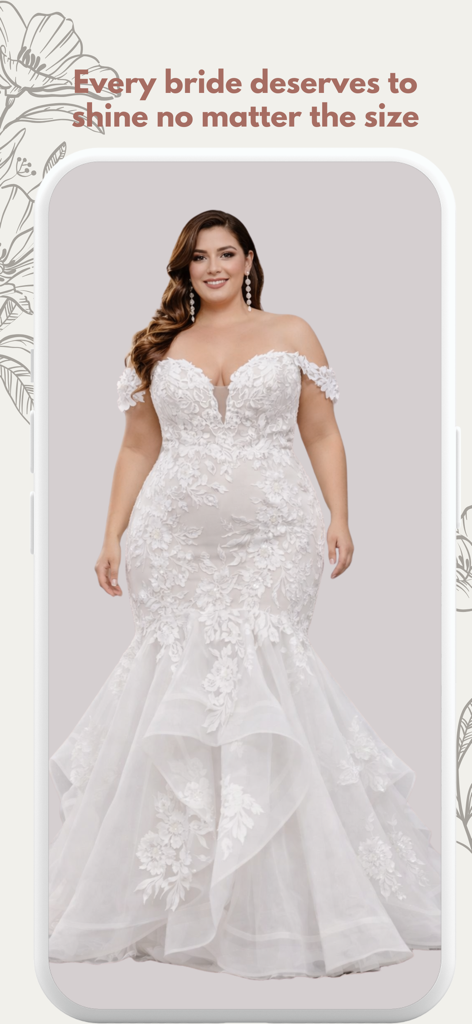 Plus Size Wedding Dress Shop - Ein kurviges Model trägt ein schulterfreies Spitzen-Meerjungfrauen-Brautkleid