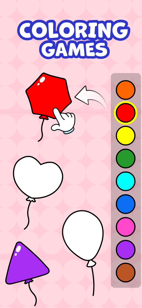 A toddler coloring game screen featuring balloons of various shapes and a colorful selection palette.