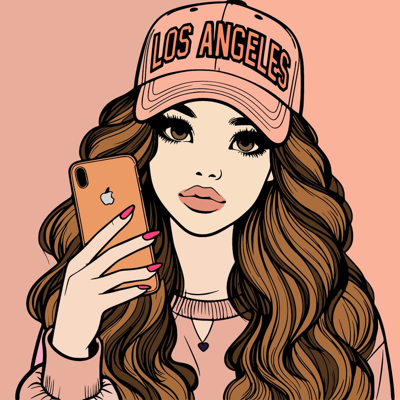 realistic beautiful girl wearing los ángeles cap holding an iphone