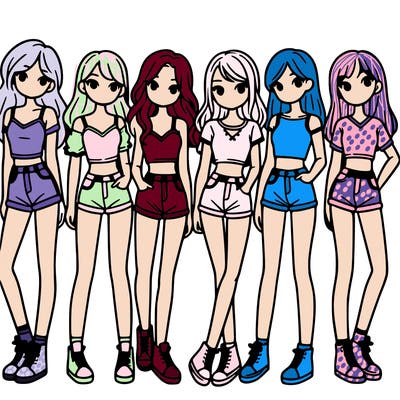 a group of girls wearing crop tops and shorts