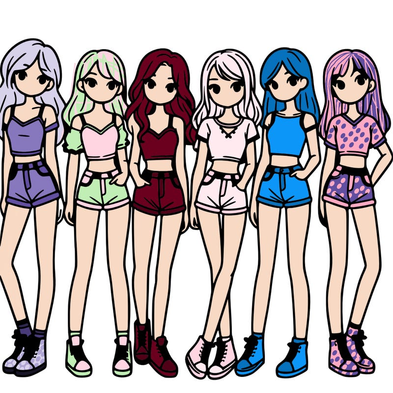 a group of girls wearing crop tops and shorts