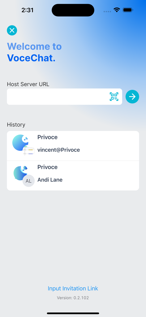 VoceChat - Welcome screen of the VoceChat app where users enter their host server URL