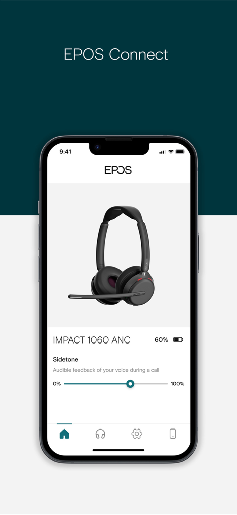 EPOS Connect mobile app interface displaying settings and battery status for an IMPACT 1060 ANC headset.