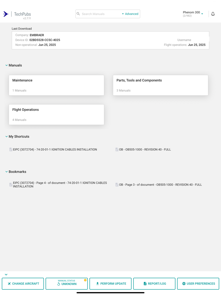 TechPubs Embraer - TechPubs Embraer app dashboard displaying aviation maintenance and flight operations manuals