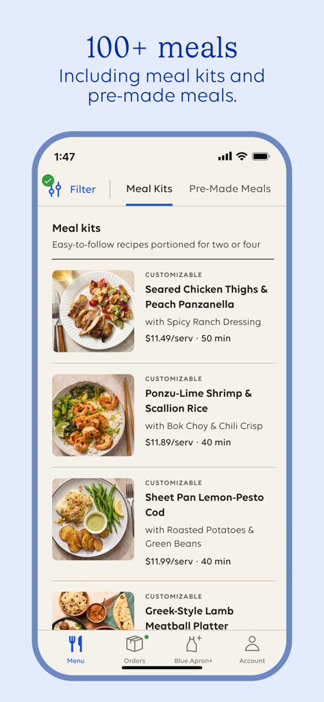 Blue Apron app screen displaying a selection of customizable meal kits with prices and preparation times.
