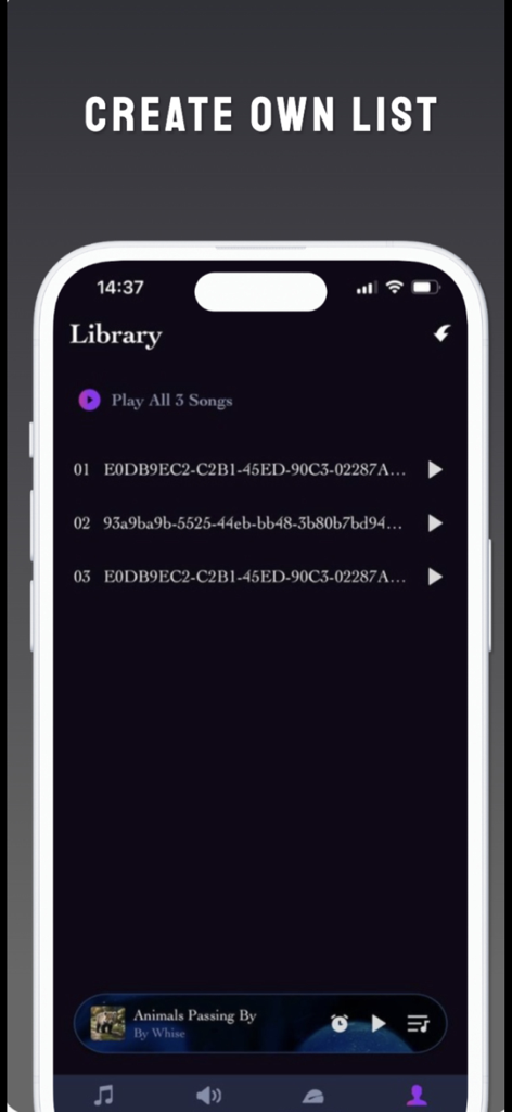 Musikbibliothek-Bildschirm des eMus-Musikplayers, der eine Liste importierter lokaler Audiodateien anzeigt