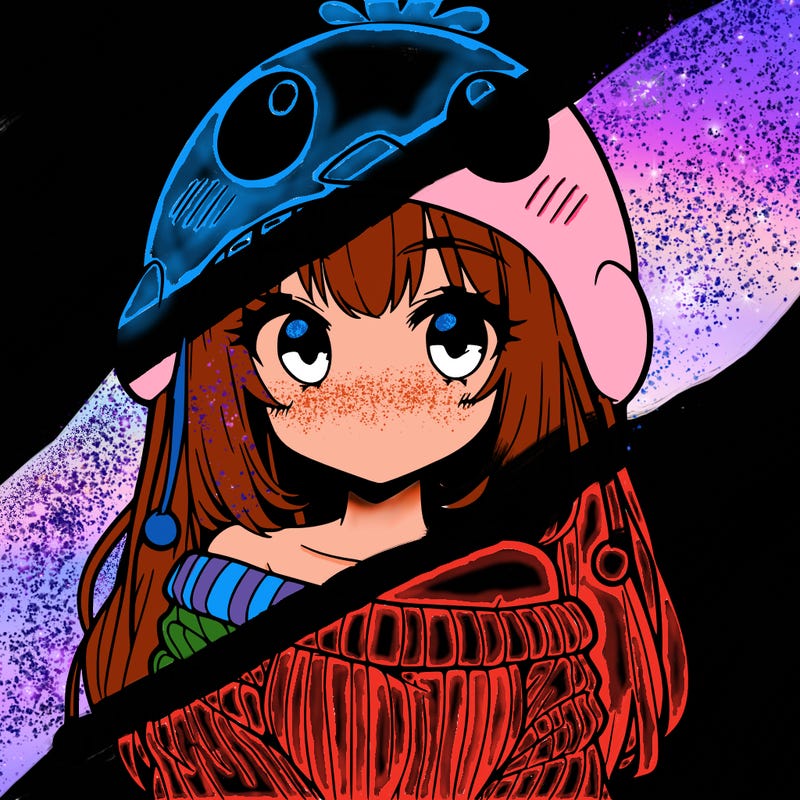 anime girl with chick shaped hat with sweater with bare shoulders with bangs covering them one eye with low tail