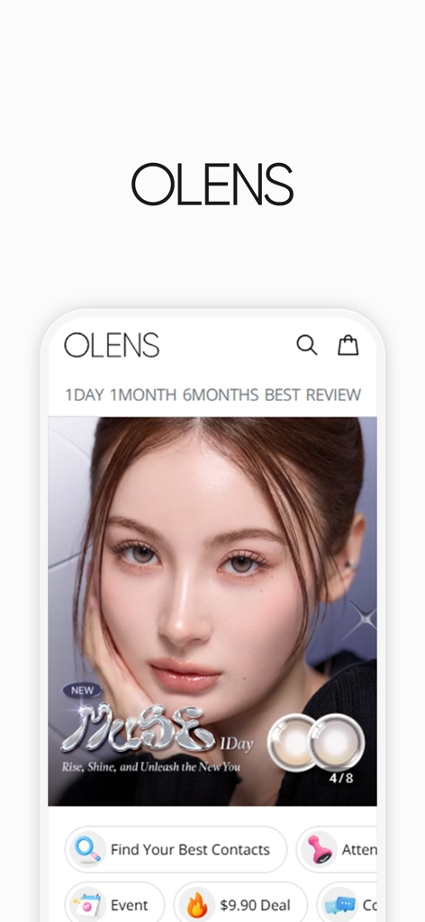 OLENS - 프리미엄 컬러 렌즈와 K-뷰티 트렌드를 특징으로 하는 OLENS 모바일 앱 인터페이스