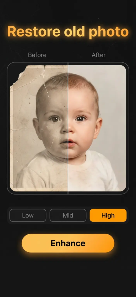 Old photo restore repair : - A before and after comparison of a damaged vintage baby photo being restored and colorized using AI technology.