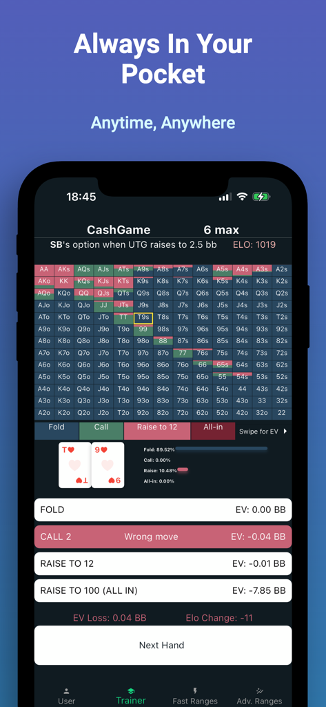 GTO Preflop mobile app interface showing preflop range charts and poker training EV analysis