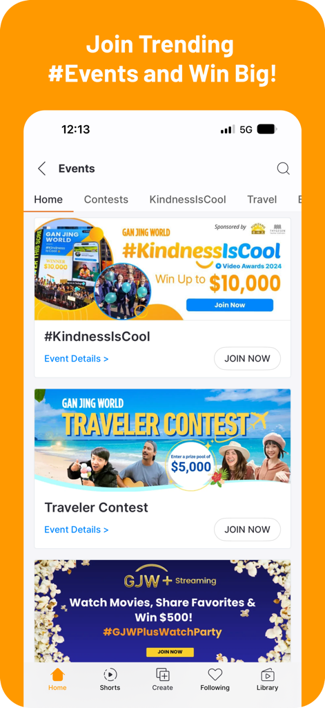 Interfaccia dell'app Gan Jing World che mostra eventi della community e concorsi adatti alle famiglie