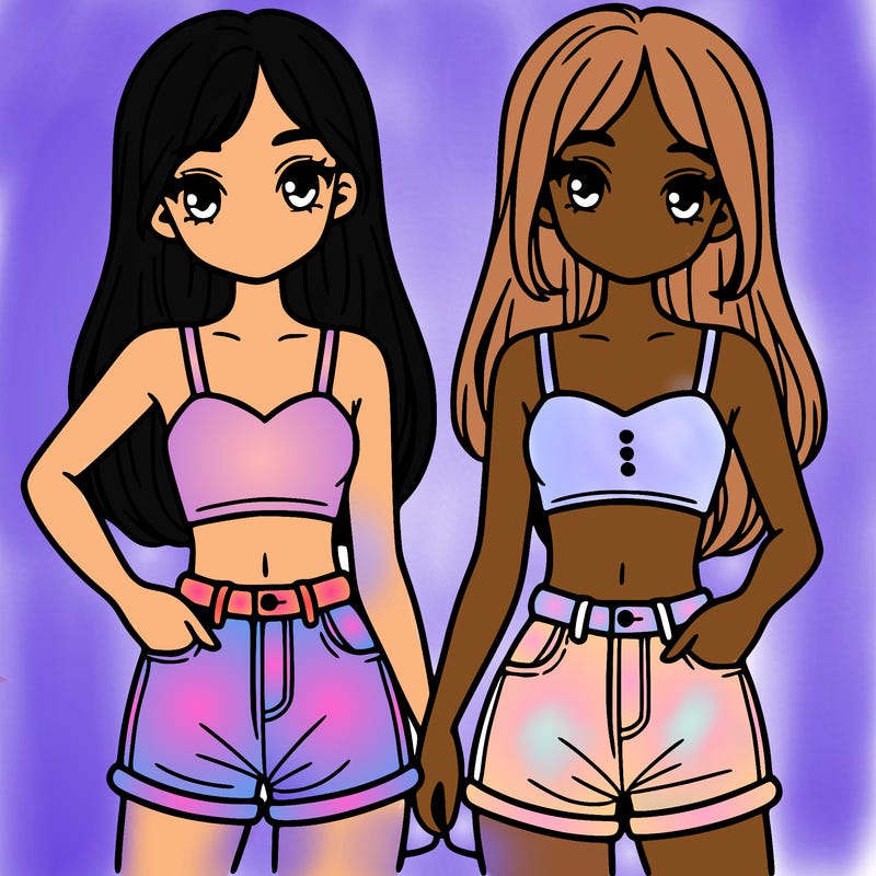 two sisters with crop tops and jean shorts and straight hair