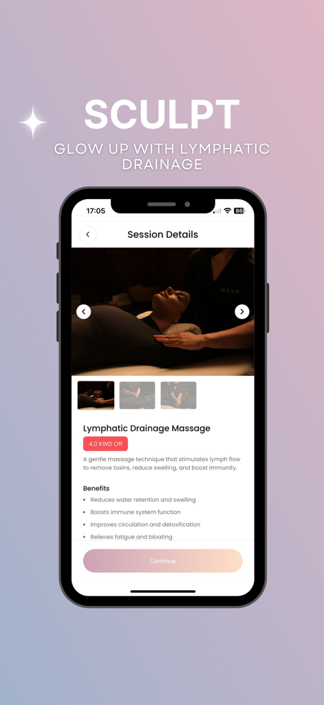 Masaj - リンパドレナージュマッサージのセッション詳細と利点を示すMasajアプリインターフェース。