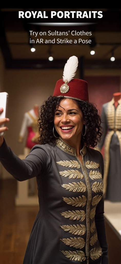 DREAL Museums - A woman taking a selfie while virtually trying on historical sultan clothes using augmented reality