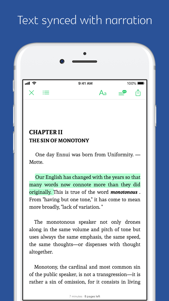 The Art of Public Speaking Pro app interface featuring text synced with narration.