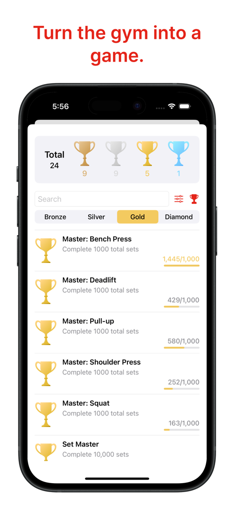 Flexer: Gym Workout Tracker - Pantalla de trofeos de entrenamiento de gimnasio de Flexer que muestra logros de entrenamiento y barras de progreso para varios ejercicios