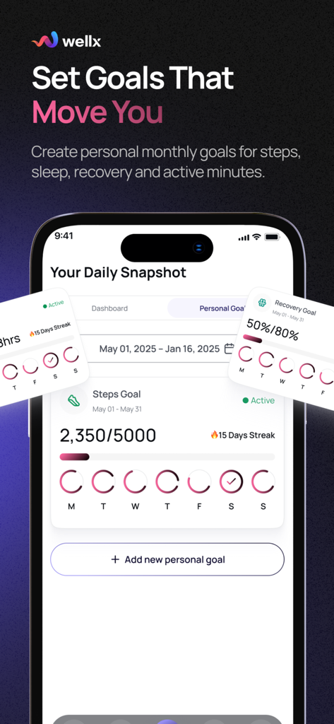 Wellx.ai - Wellx.ai mobile app interface showing personalized fitness goals for steps and recovery with daily progress tracking and streaks
