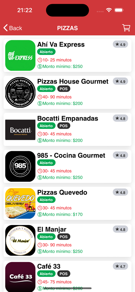 Ahí Va - Ahí Va mobile app interface showing a list of pizza restaurants with delivery times and ratings