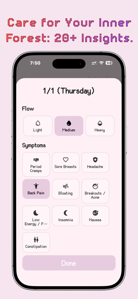 A screenshot of the P Forest period tracker app showing the symptom and flow logging interface with pixel art icons.