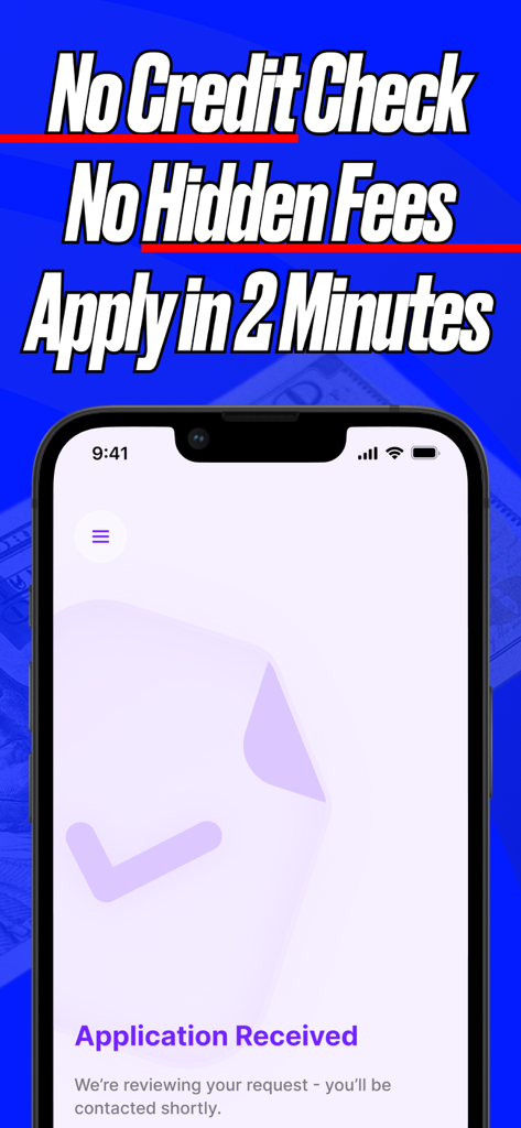 Cash Advance Now - By Ocoee. - Smartphone screen showing a successful application received message for a quick cash advance with no credit check.