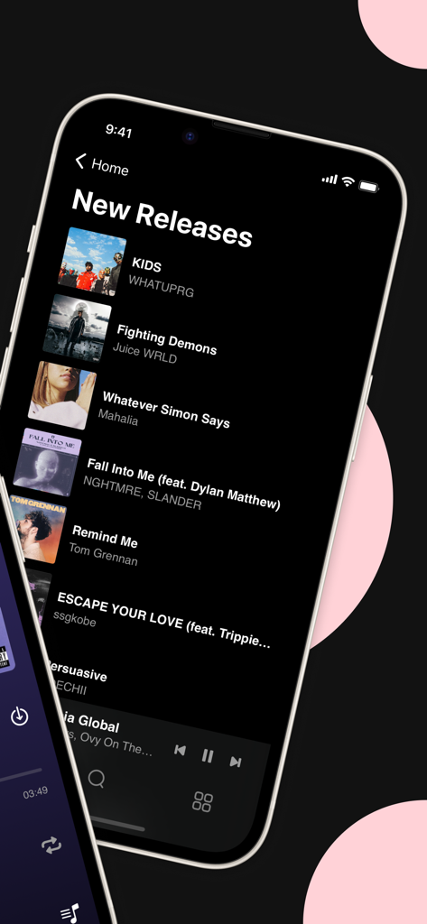PewPee music player app interface showing the New Releases section with various artist tracks on an iPhone