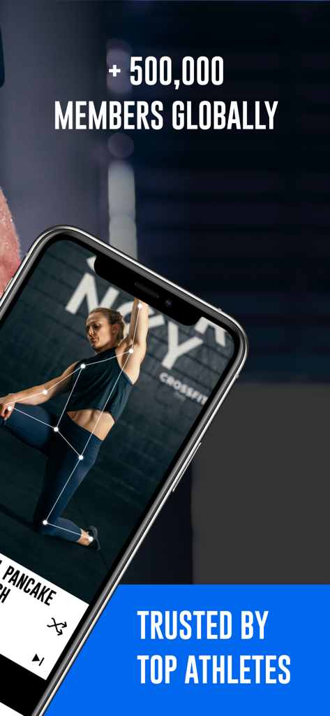 WODProof app interface showing over 500,000 global members and top athlete endorsements