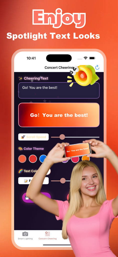 Smartphone displaying the Snorg app concert cheering interface with customizable scrolling text