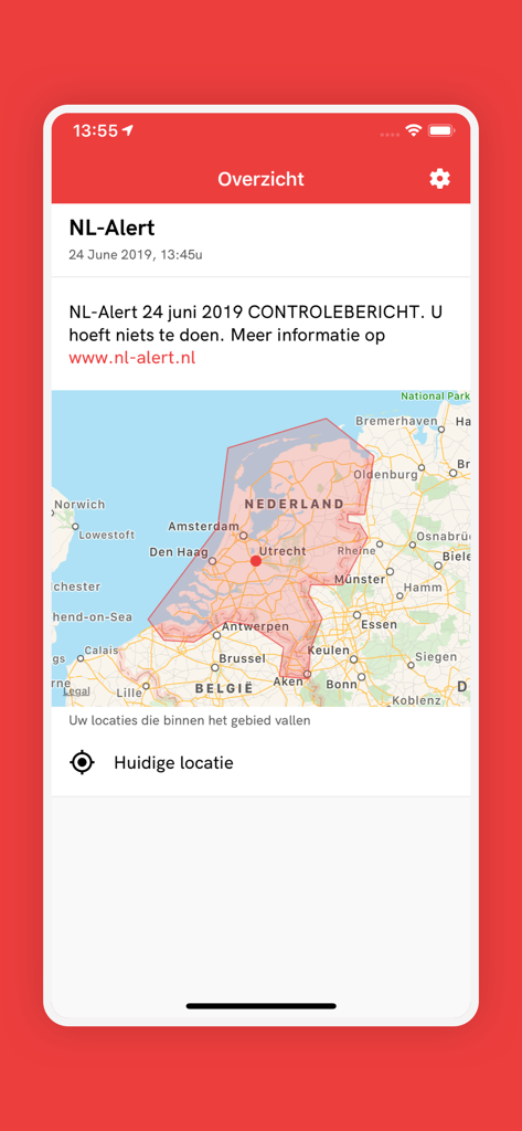 NL-Alarm app showing a map of the Netherlands with a highlighted emergency alert zone.