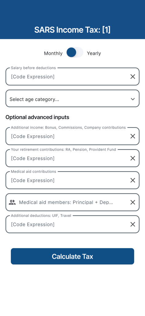 SARS income tax calculator interface with input fields for salary age and deductions