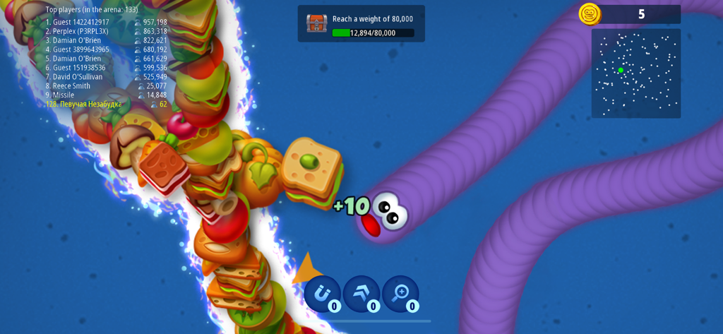 Worms Zone .io — Hungry Snake - Uma cobra roxa comendo sanduíches e hambúrgueres na arena de batalha Worms Zone io