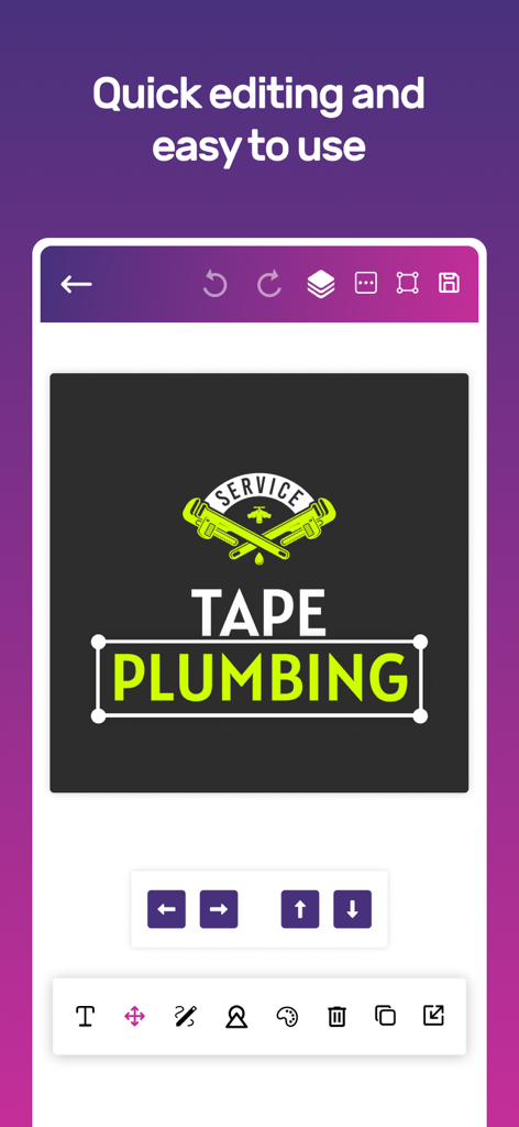 Logo Design Maker - Brand Shop - Interfaz de aplicación móvil que muestra edición rápida de logos para un negocio de servicios de fontanería