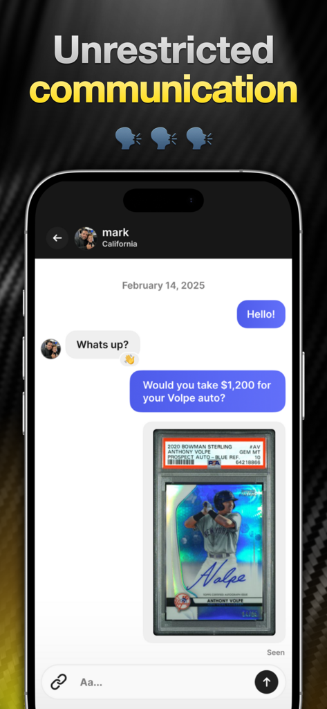 Una schermata mobile che mostra l'interfaccia di chat in-app di My Card Post dove due utenti negoziano il prezzo di una carta sportiva certificata di Anthony Volpe.